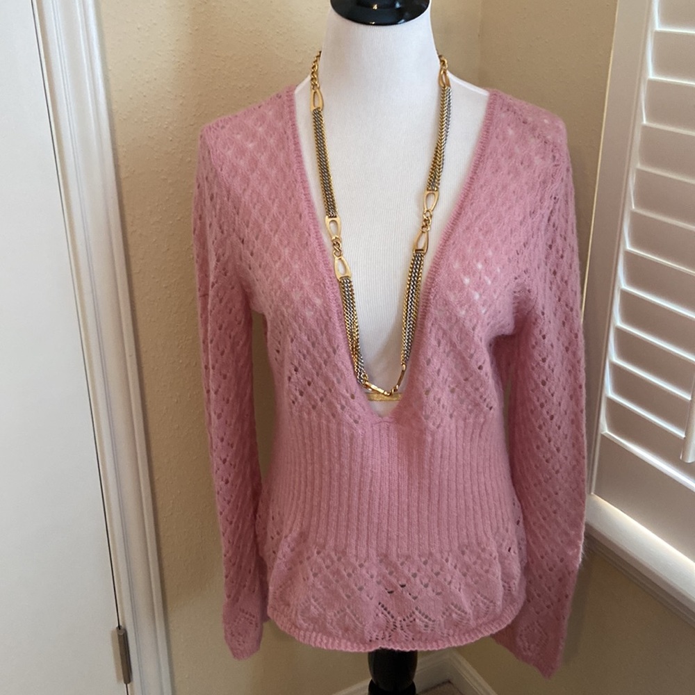 Candy pink acrylic, nylon, mohair blend sweater. Dress it up or keep it casual!